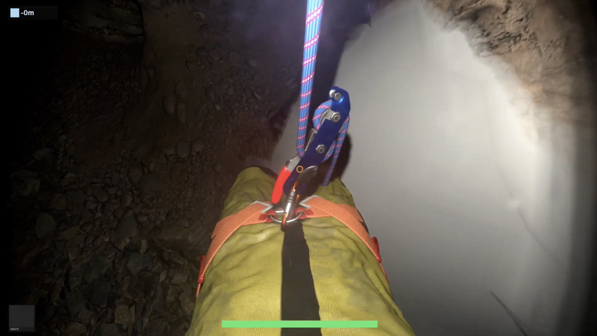 First-person Cave Expedition gameplay showing a caver descending on a rope beside a rock wall