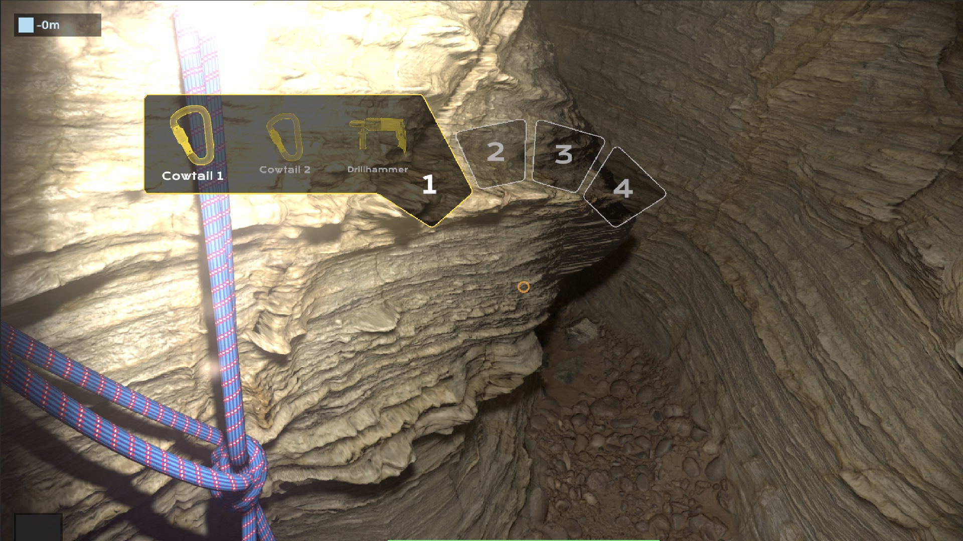 A rope anchored around layered rock beside a narrow passage in Cave Expedition